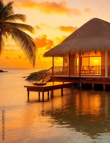 A tranquil bungalow illuminated by a vibrant Caribbean sunset  its silhouette creating a mesmerizing reflection. Generative AI