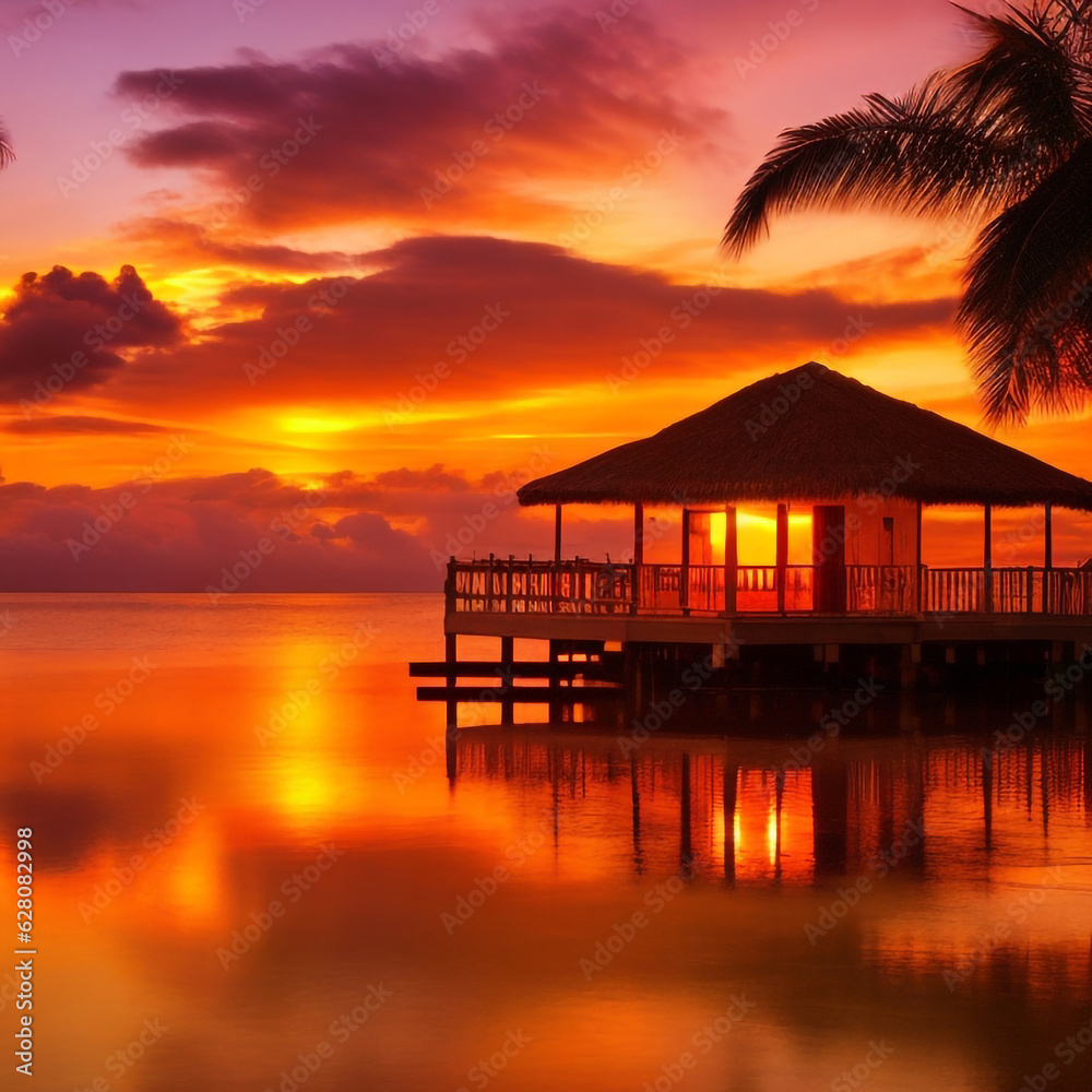 A tranquil bungalow illuminated by a vibrant Caribbean sunset, its silhouette creating a mesmerizing reflection. Generative AI