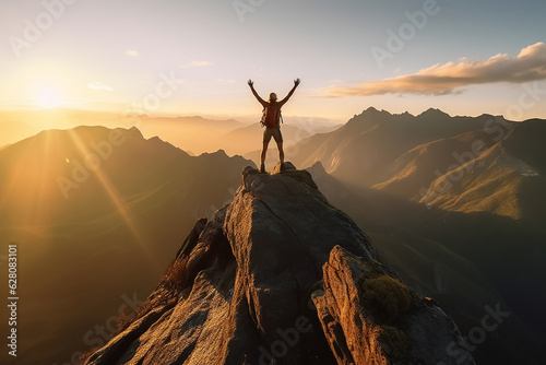 Climber cheers on mountaintop towards sunrise - theme success, career or motivation - Generative AI © Steffen Kögler