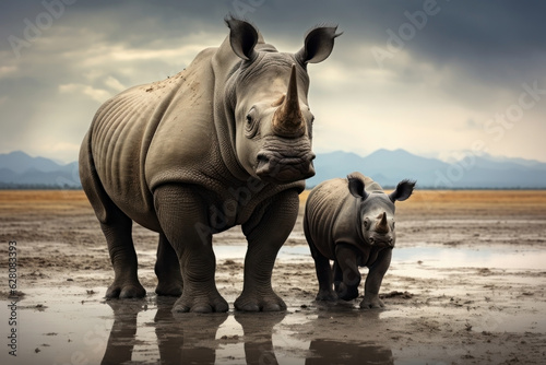 endangered species. mother and child rhinoceros. cow and calf. extinction. desert landscape.