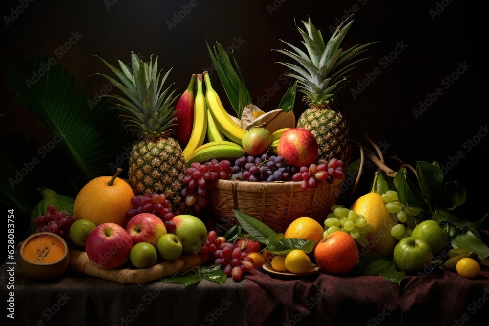 Illustration of a still life painting of a basket filled with a variety of fresh fruits on a table, created using generative AI Illustration of a still life painting of a basket filled with a variety of fresh fruits on a table, created using generative AI
