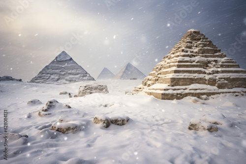 pyramids of giza covered in snow. desert covered in ice. snowstorm.