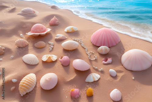 blue ocean, pink shells and sunny day, generative ai