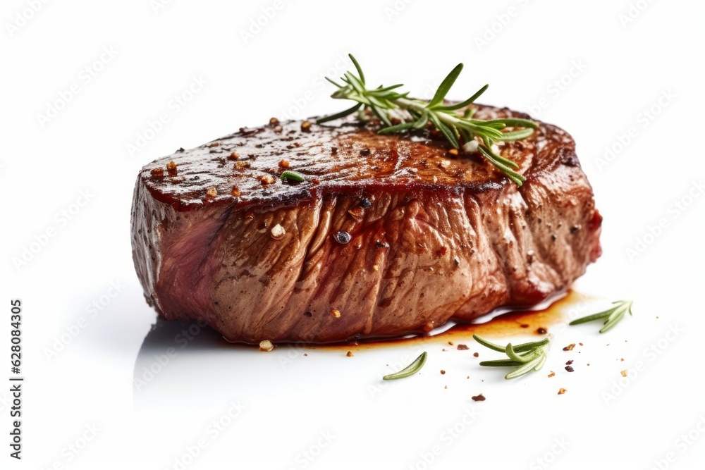 Illustration of a juicy steak topped with a fragrant sprig of rosemary, created using generative AI Illustration of a juicy steak topped with a fragrant sprig of rosemary, created using generative AI