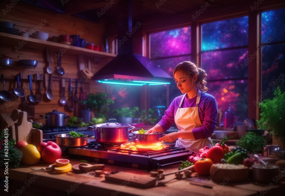 Cooking in a neon color wood kitchen Cooking in a neon color wood kitchen