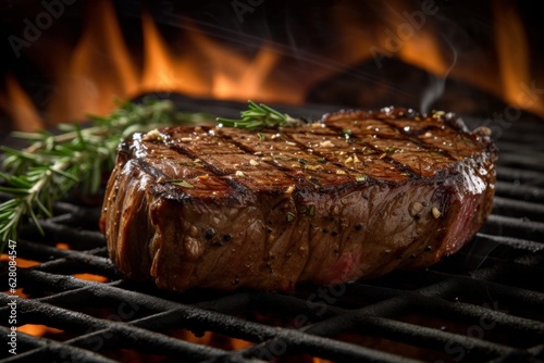 Illustration of a sizzling steak on a grill with fiery flames in the background, created using generative AI