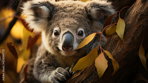 a cute fluffy koala hangs lazily on a branch  , generative AI photo