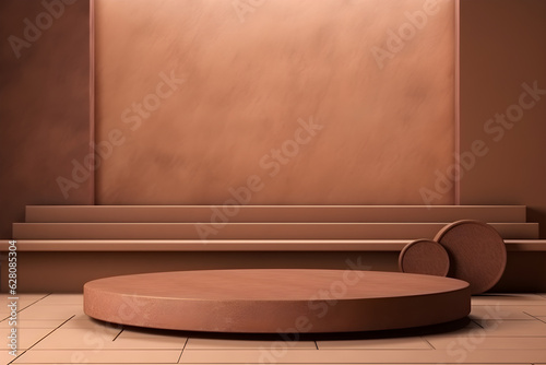 3D background with stand podium. brown with wooded shape scene. Abstract minimal wall scene for mockup products display. simple stage Showcase