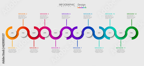 12 month calendar design concept, modern timeline, infographic template for business.Can be used for presentations, flowcharts, diagrams, signs. Vector illustration.
