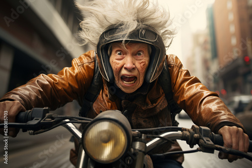 Elderly woman with a fearful look faces the city traffic on her motorbike