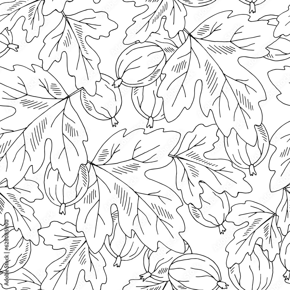 Fototapeta premium Gooseberry berry seamless pattern background graphic black white sketch illustration vector 