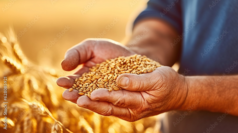 Senior Farmers Hands Tenderly Holding and Examining Wheat Senior Farmers Hands Tenderly Holding and Examining Wheat