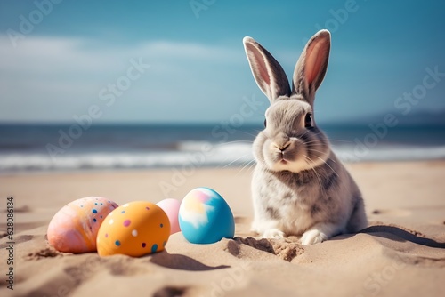 Easter bunny with easter eggs on the beach. Generative AI