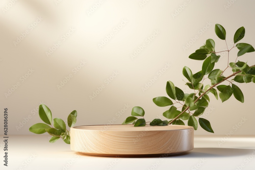 Wooden and Nature podium and beautiful lighting. Background for product presentation. Generative AI