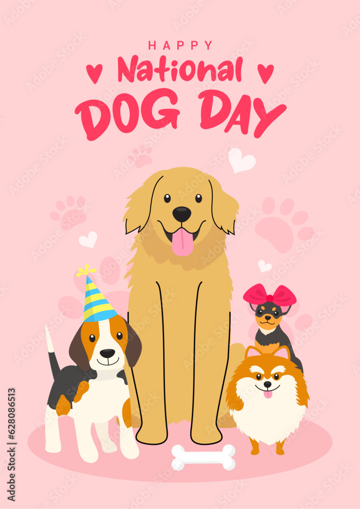 Happy national Dog day poster vector design. Cute cartoon dogs
