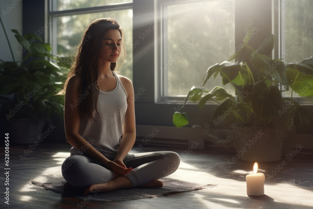 A young woman in white t-shirt and joggers sitting in yoga asana lotus ...