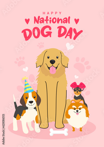 Happy national Dog day poster vector design. Cute cartoon dogs