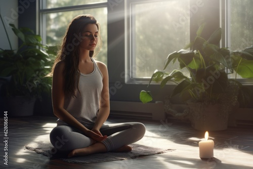 Free Download A young woman in white t-shirt and joggers sitting in yoga asana lotus pose meditating in a sunlit room with green plants. Generative AI technology - GFXLoad