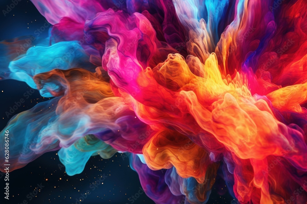 Illustration of a vibrant and dynamic cloud of multicolored smoke floating in the air, created using generative AI
