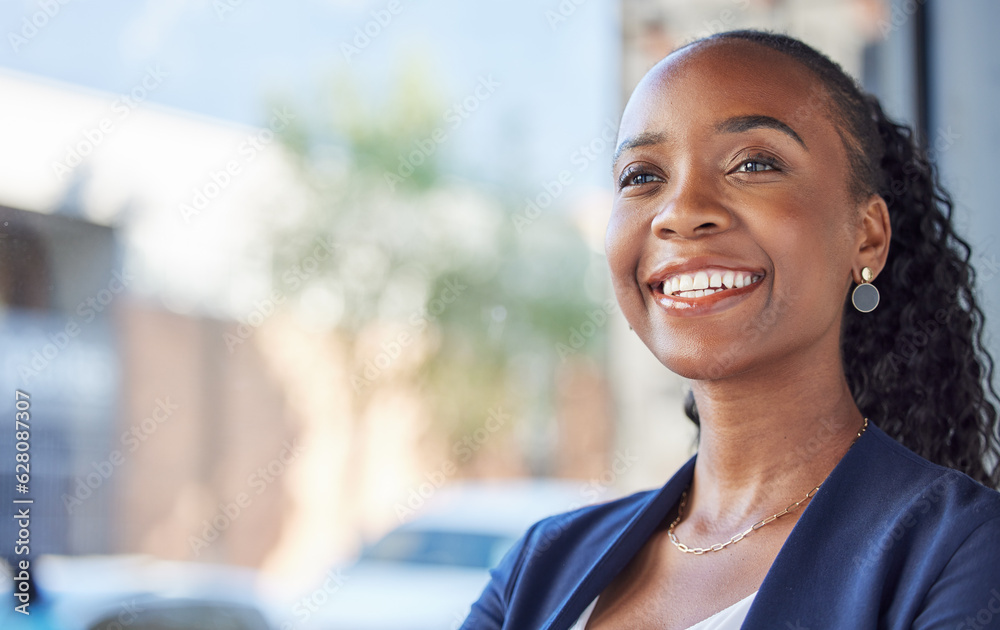 Professional, confident face and happy black woman, bank consultant or agent smile for administration career. Window, thinking and business person vision for corporate success, office job or mockup Professional, confident face and happy black woman, bank consultant or agent smile for administration career. Window, thinking and business person vision for corporate success, office job or mockup