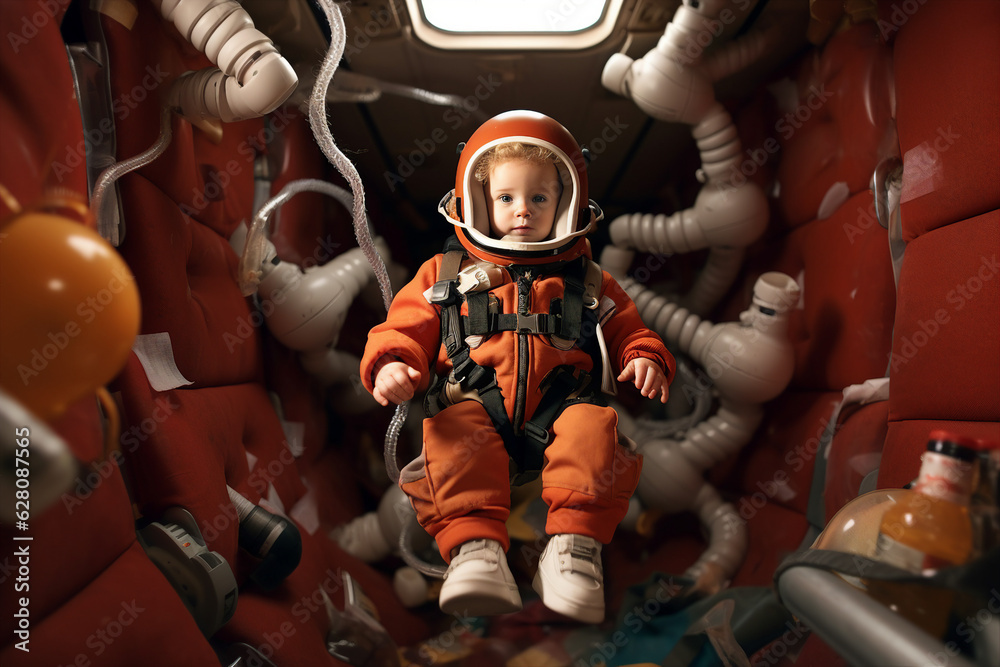 Creative Generative Ai collage image of cute toddler boy wear astronaut costume fly inside galactic spaceship