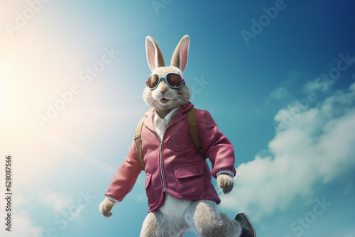 Creative template graphics image of funny rabbit wear goggles skydiving created with generative ai modern technology © Tetiana
