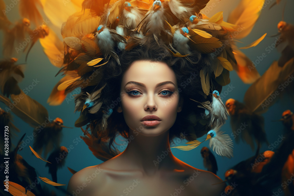 Female character girlfriend collage illustration metaphor makeup generative ai picture feathers in haircut beautiful lady nature background