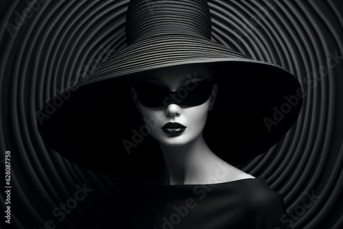 Portrait collage created by generative ai surreal woman wearing black elegant hat sunglasses fashion model isolated on hypnosis background