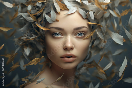 Portrait collage generative ai technology illustration of charming young woman headdress hair in feather decor isolated on grey background