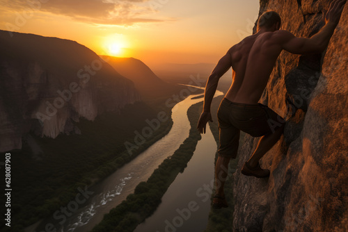 A muscular man hangs down from the edge of the cliff by tightly grabbing the edge. sunset view. a river down below.