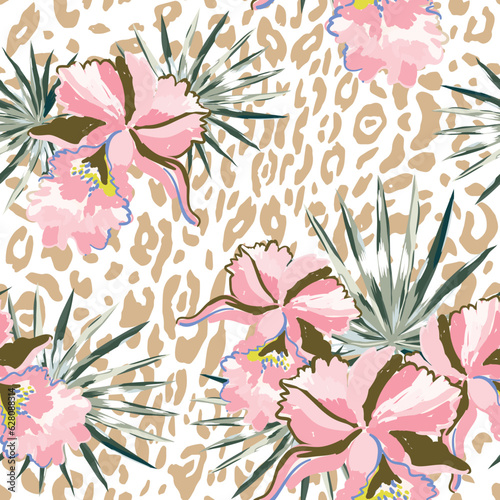 Tropical pink orchid flowers, palm leaves, leopard animal print background. Seamless pattern. Vector illustration. Exotic plants. Summer beach floral design