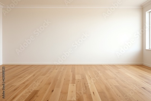Empty room and wall and wooden floor with interesting with glare from the window. Interior background for the presentation. Generative AI © itchaznong