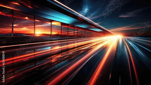 Long exposure of speeding car with light trails and blurred lights