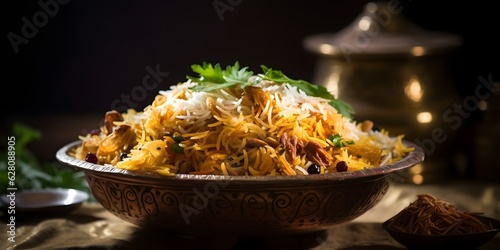 Flat lay image of Chicken Biryani with chicken leg piece on top of utnesil. Chicken, biryani, rice dish, indian dish. Created with Generative AI Technology. photo