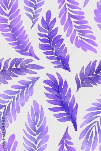 Watercolor painting of abstract purple feather like leaves on white.