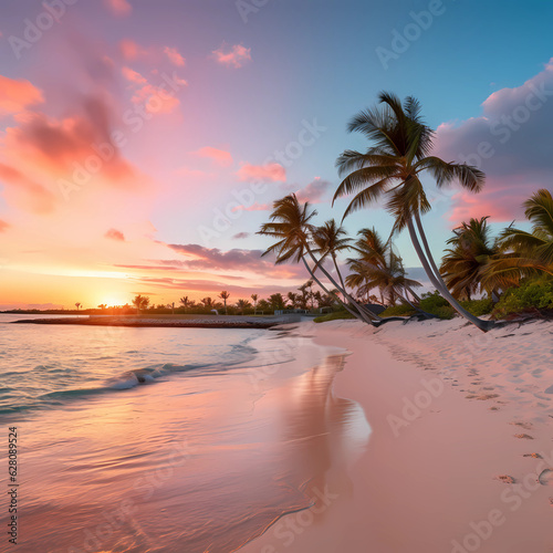 sandy beach with palm trees at sunrise in the Bahamas made with Generative AI