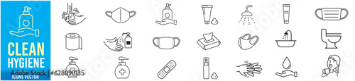 Clean Hygiene Washing hands Bath Mask Shower editable icon set collection vector illustration