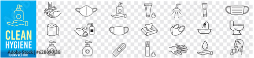 Clean Hygiene Washing hands Bath Mask Shower editable icon set collection vector illustration