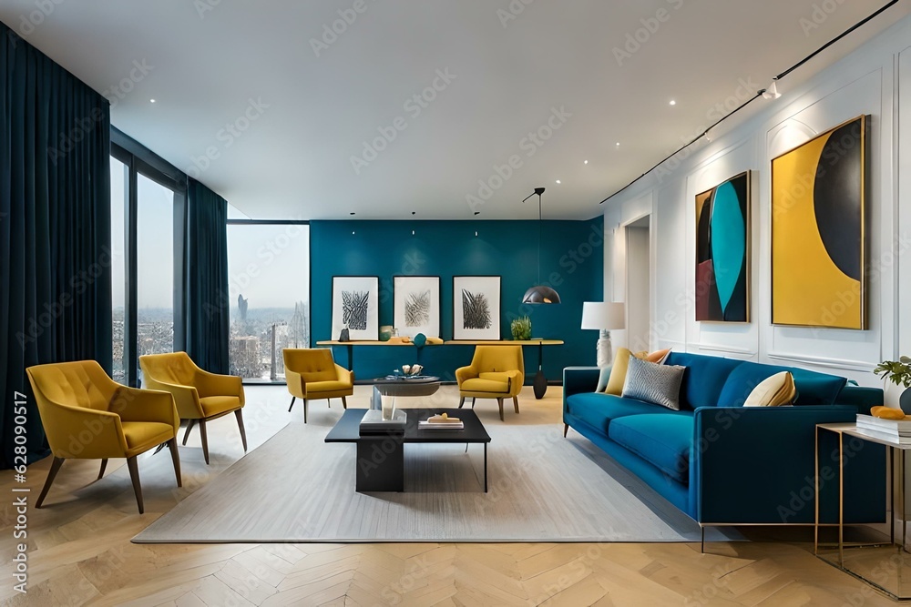 Fototapeta premium HOME INDOOR INTERIOR SOFA SET AND PAINTING ON WALL AI GENERATED