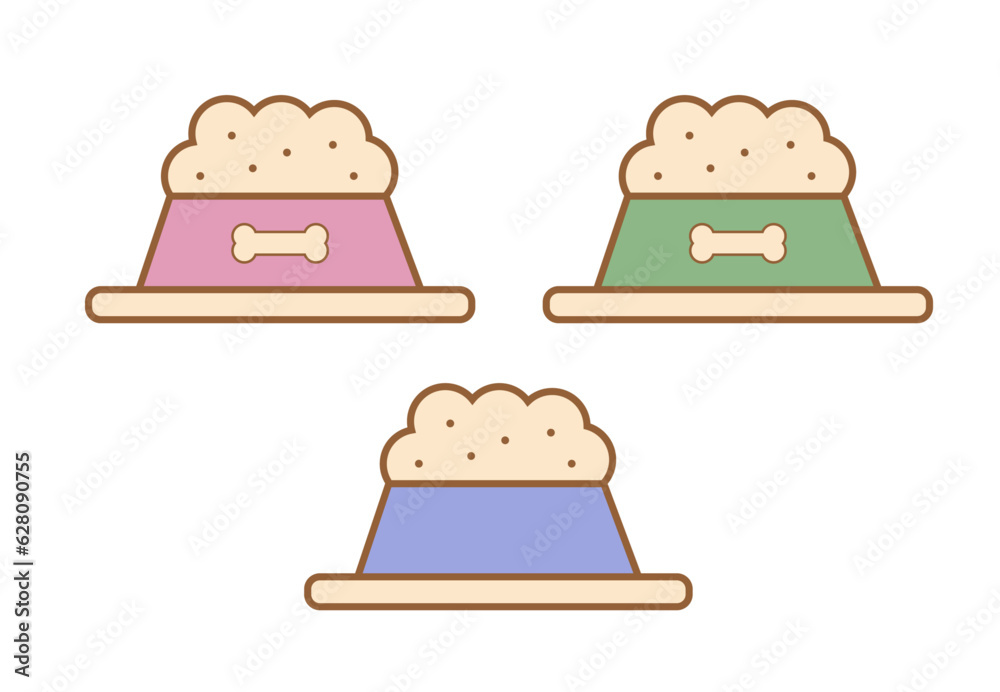 Pet food in bowl set. Vector illustration Pet food in bowl set. Vector illustration