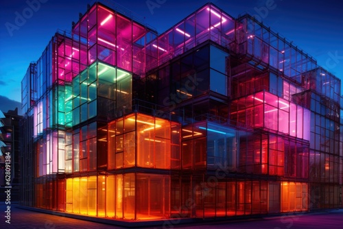 Illustration of a vibrant, illuminated building at night created using generative AI