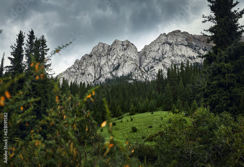 Mountain valley and green rocky hill in Kazakhstan photo