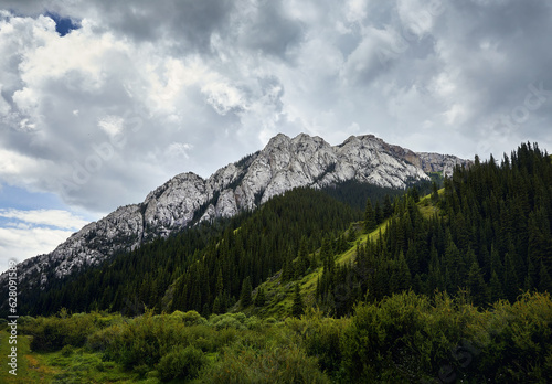 Mountain valley and green rocky hill in Kazakhstan