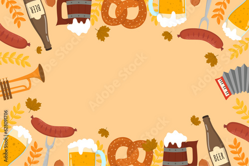 Flat background for oktoberfest celebration. A mug of beer, a bottle of beer, a pretzel, a sausage. 