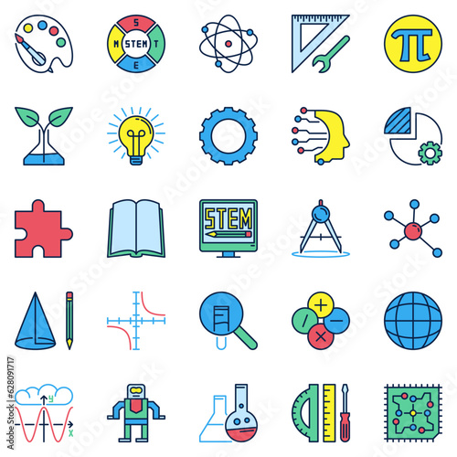 STEAM Education icons set - Science, Tech, Engineering, Art and Math colored signs set