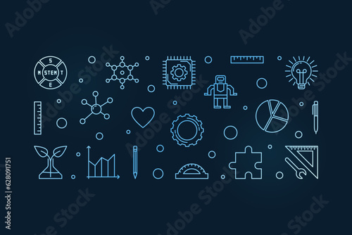 STEAM Education outline blue banner. Science concept linear horizontal illustration