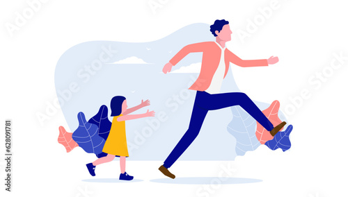 Father playing with child - Dad and daughter playing tag and chasing each other outdoors. Flat design vector illustration with white background
