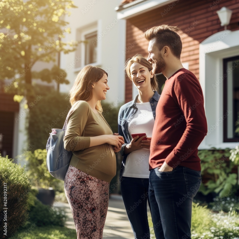 Naklejka premium An excited young couple met with a real estate agent next to a For Sale sign. Generative AI.