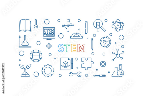 STEM Science outline concept banner. Science, Technology, Engineering and Math vector horizontal Illustration
