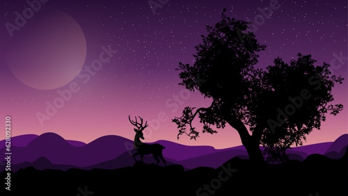 Vectorized Sky with Deer and Trees At night sky Deer Mountains Trees Night Illustration Illustrated Vector Vectorization 